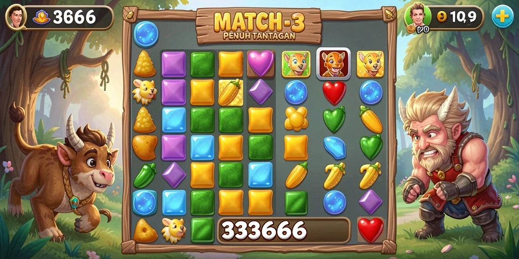 Screenshot utama 333666 menampilkan gameplay Match-3 yang seru.