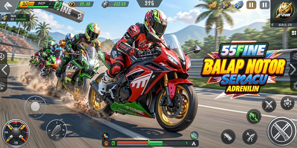 Tampilan balapan mendebarkan di <strong>55FIVE</strong> dengan motor yang melaju kencang.
