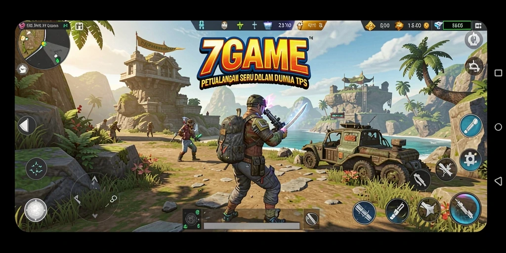 Screenshot gameplay 7GAME dengan aksi tembak-menembak yang intens.