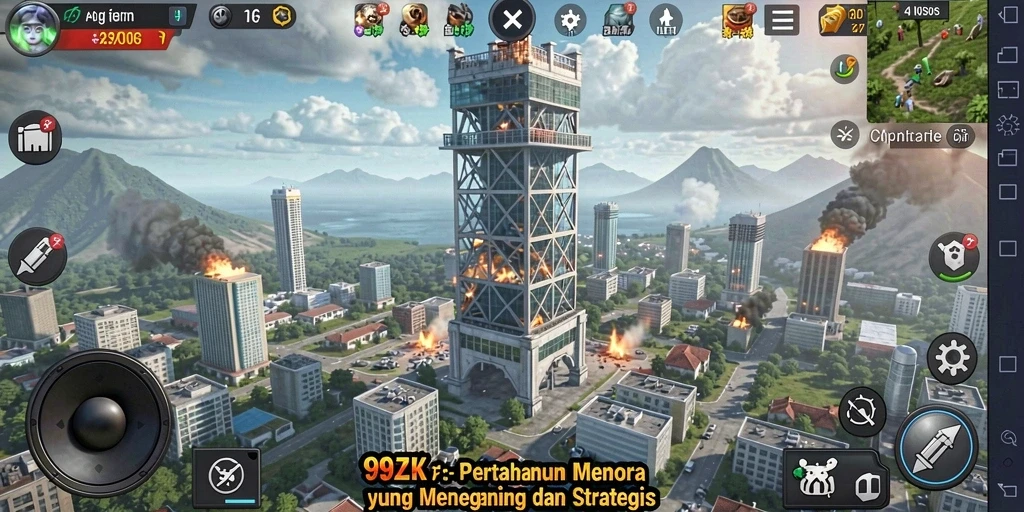 Screenshot gameplay 99ZK menampilkan pertahanan menara yang seimbang.
