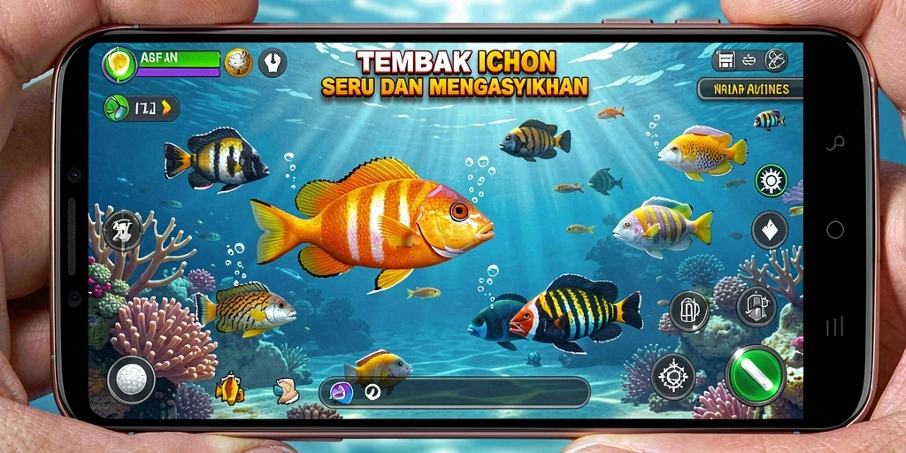 Tampilan gameplay AFAF dengan ikan dan efek menembak yang menarik.