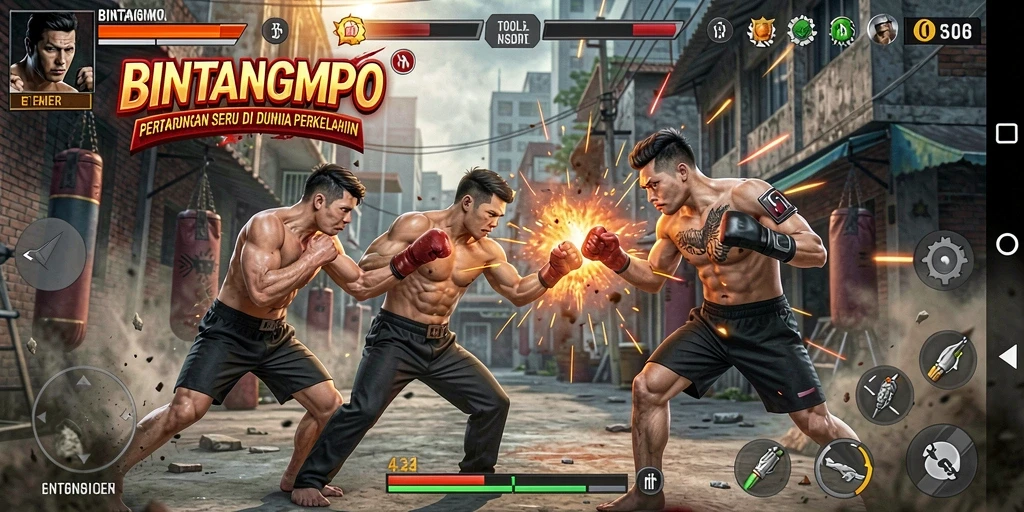 Screenshot BINTANGMPO menunjukkan aksi pertarungan intens antar karakter.
