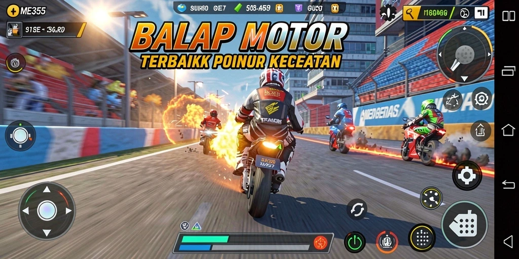 Screenshot gameplay ME355 menampilkan balapan motor yang seru dan penuh aksi.