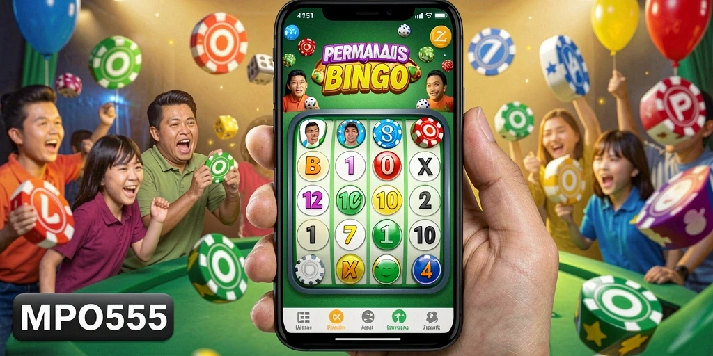 Tampilan gameplay MPO555 dengan kartu Bingo yang penuh warna.