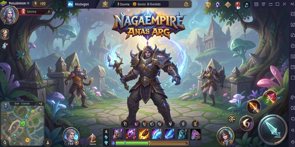 Tangkapan layar menunjukkan pertempuran seru dalam NAGAEMPIRE dengan berbagai karakter.