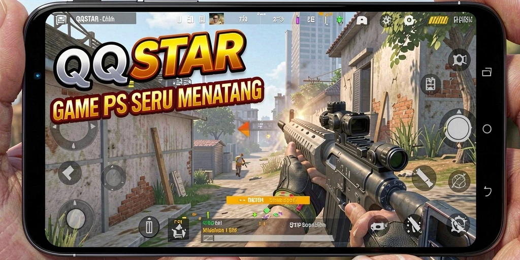 Screenshot QQSTAR menunjukkan aksi tembak-tembakan intens dalam gameplay FPS.