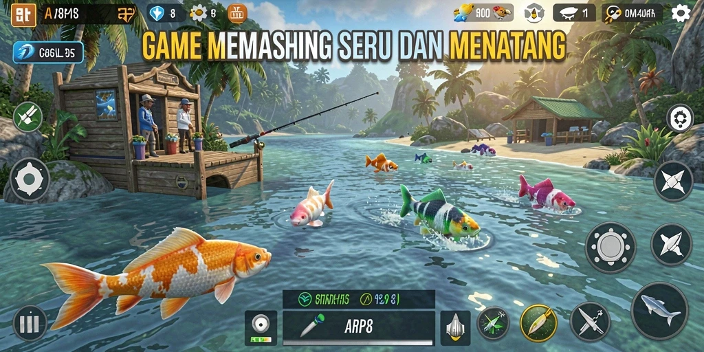 Screenshot gameplay RP8 menampilkan aksi memancing yang seru.