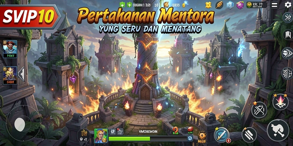 Screenshot gameplay SVIP10 yang menunjukkan aksi menara bertahan.