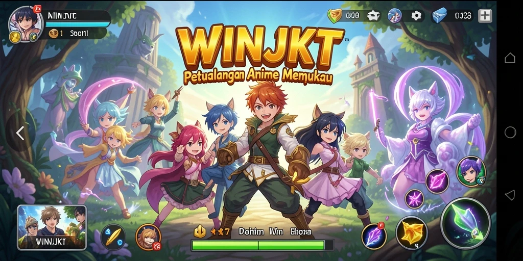 Screenshot gameplay WINJKT menunjukkan pertarungan karakter anime yang seru.